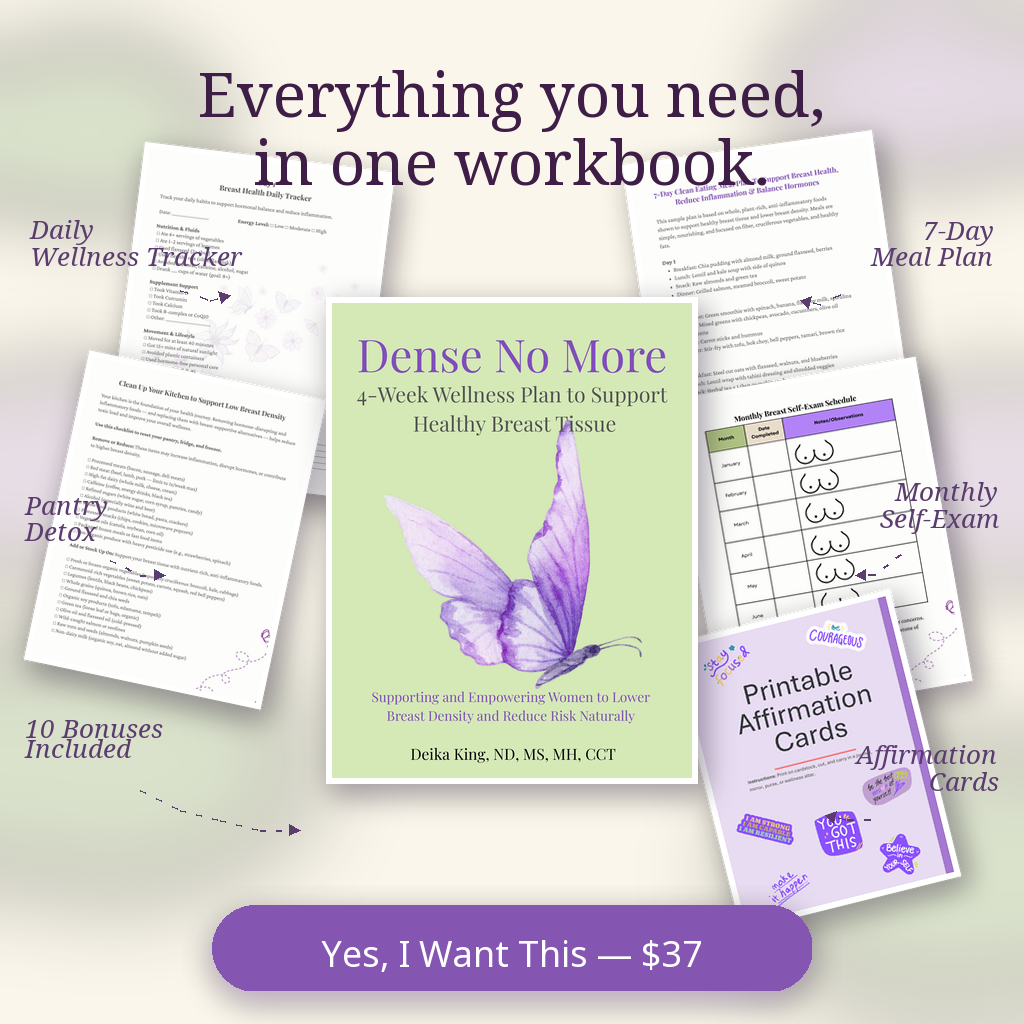 Everything you need in one workbook — Daily Wellness Tracker, 7-Day Meal Plan, Pantry Detox, Monthly Self-Exam Schedule, Affirmation Cards, and 10 bonuses